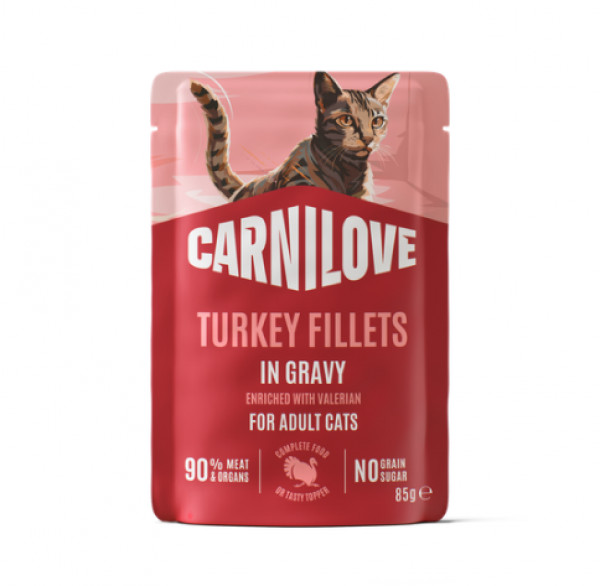 CARNILOVE Gravy rich in Turkey enriched with Valerian konservuotas pašaras katėms 85 g