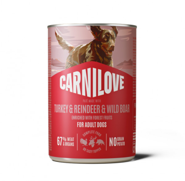 CARNILOVE Paté Made with Turkey & Reindeer & Wild Boar konservuotas pašaras šunims 400 g