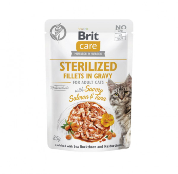Brit Care Cat Sterilized Fillets in Gravy with Savory Salmon&Tuna konservi kaķiem 85 g